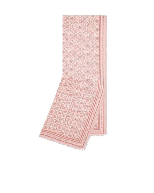 Tory Burch Pink T Monogram Floral Oblong Scarf