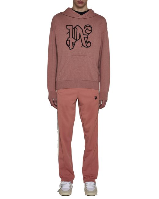 Palm Angels Pink Monogram Embroidered Knitted Hoodie for men