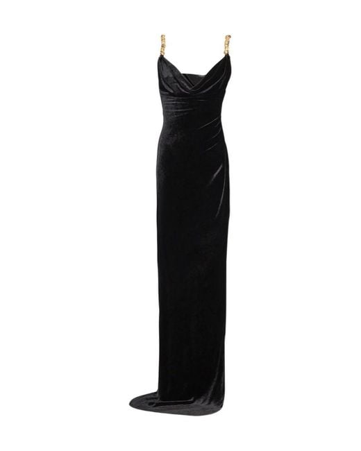 Balmain Black Velvet Button-Strap Maxi Dress