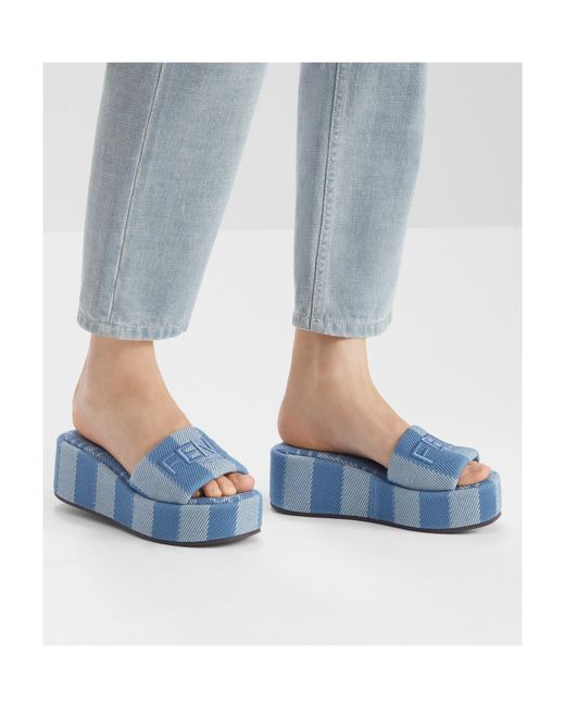 Fendi Blue Sunshine Denim-Effect Jacquard Platform Slides