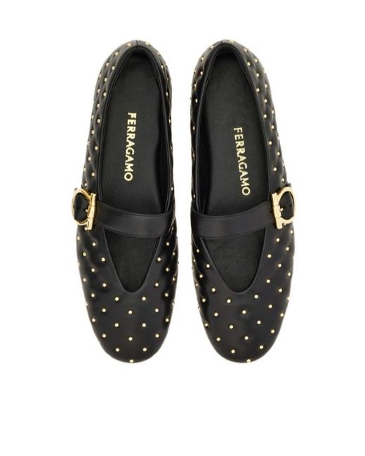 Ferragamo Black Studded Gancini Buckle Ballet Flat