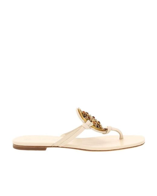 Tory Burch Natural Logo-Plaque Flat Sandals