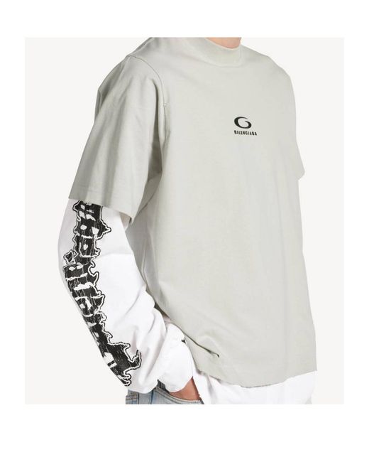Balenciaga Gray Logo Double-Layer T-Shirt for men