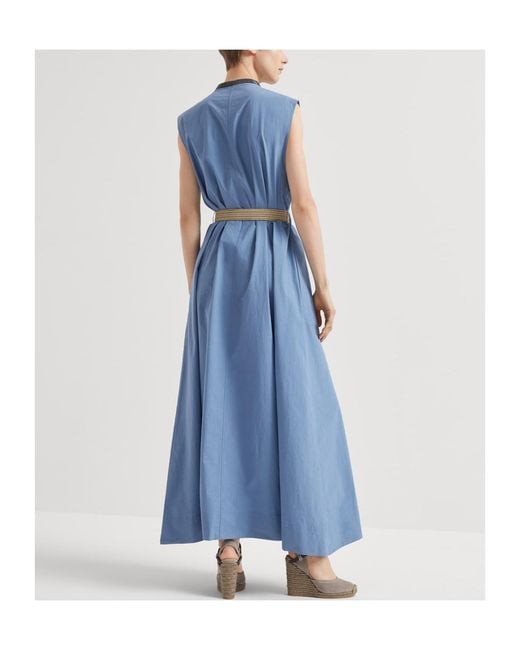 Brunello Cucinelli Blue V-Neck Sleeveless Belted Midi Dress