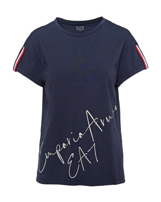EA7 Blue Round Collar Striped T-Shirt