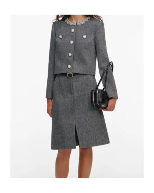 Self-Portrait Gray Herringbone Embellished Trim Jacket