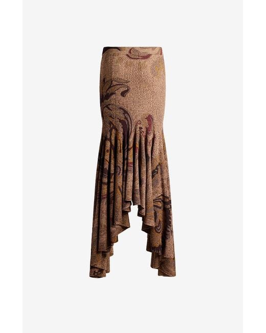 Etro Brown Ribbed Wool Maxi Skirt With Floral Motif
