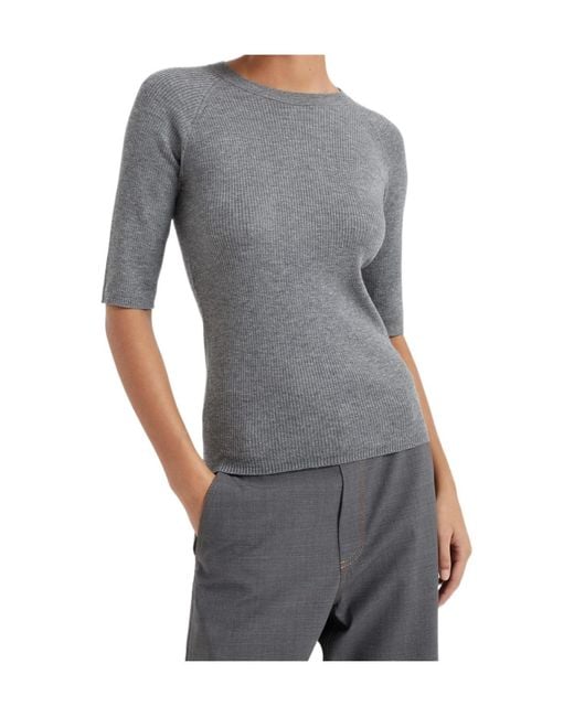 Brunello Cucinelli Gray Ribbed Speckle-Knit Top