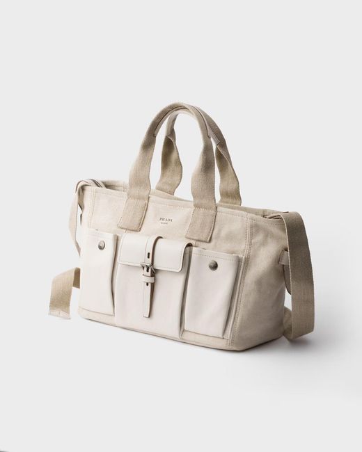 Prada Natural Route Large Canvas And Leather Tote Bag