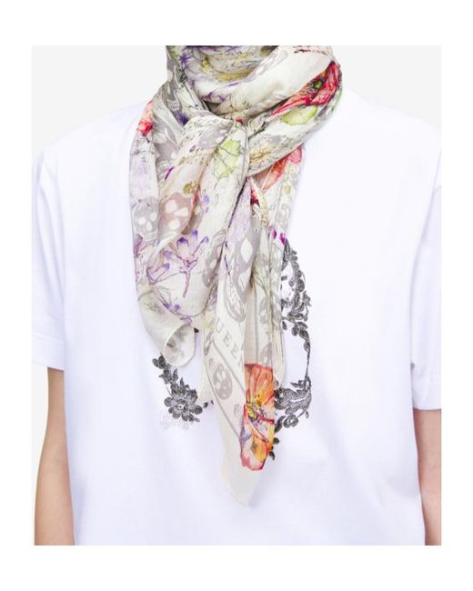 McQueen White Skull Spider Floral Scarf