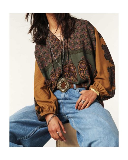 Ba&sh Brown Printed Long-Sleeved Blouse