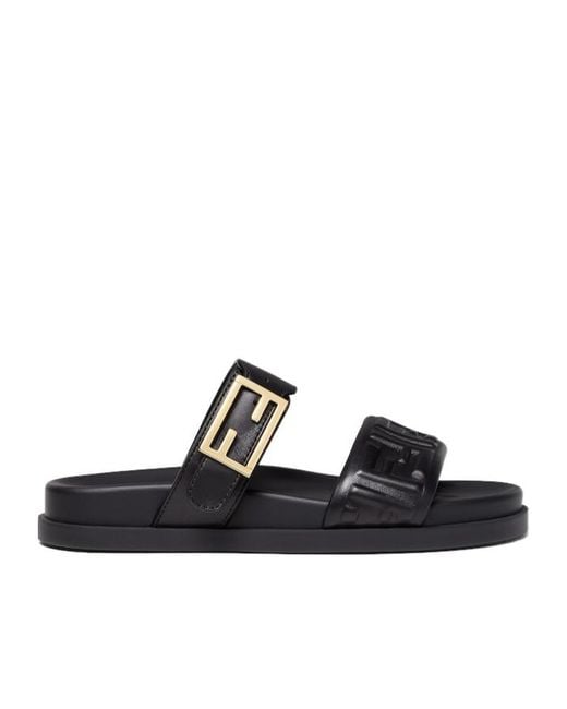 Fendi Black Feel Ff Embossed Double Band Sandals