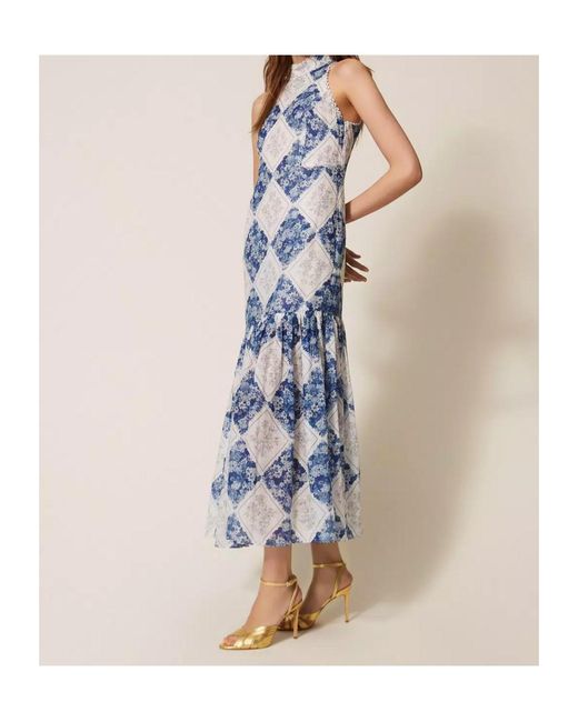 Twinset Blue Floral Print Long Ramie Dress