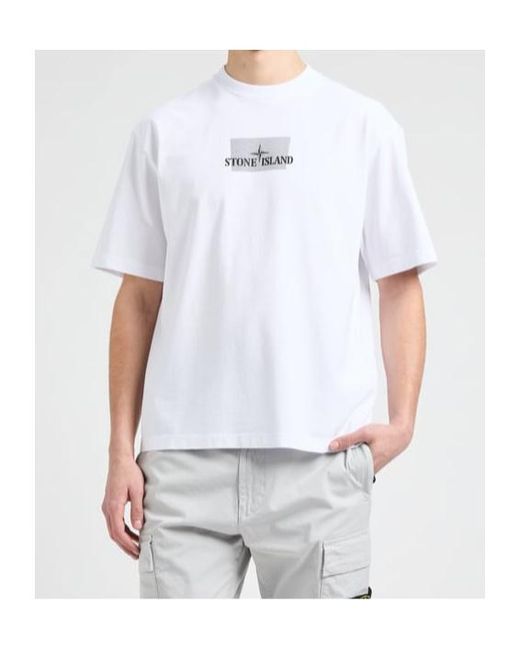 Stone Island White Logo Printed Crewneck T-Shirt for men