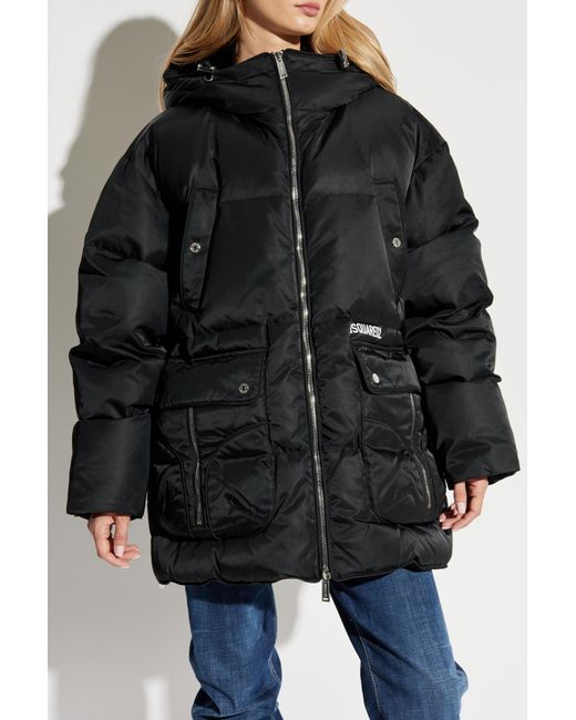 DSquared² Black Logo Printed Quilted Hooded Down Coat