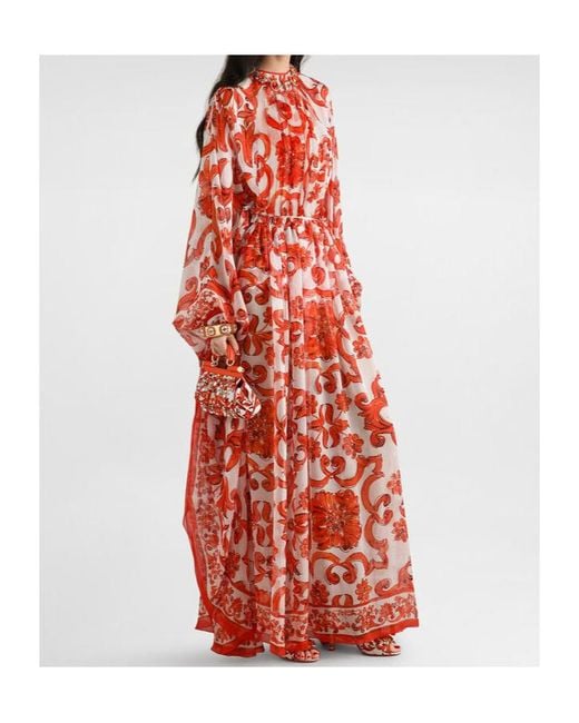 Dolce & Gabbana Red Maiolica-Print Silk Kaftan Long Dress