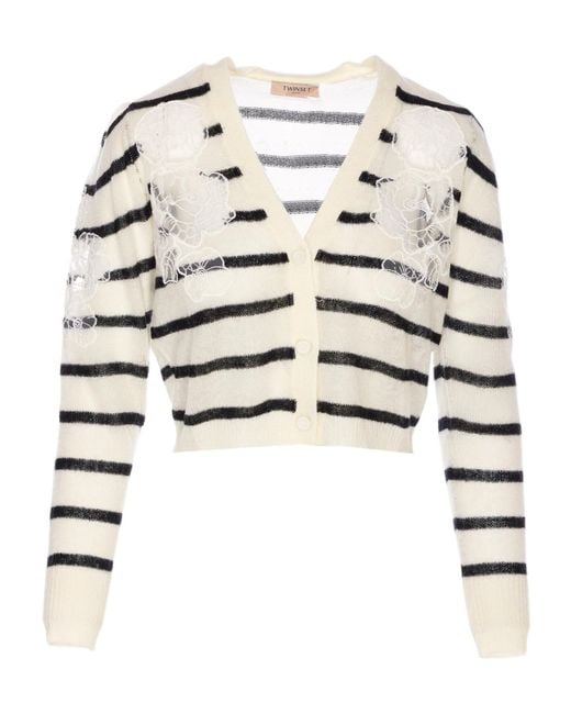 Twinset White Striped Lace-Detail Cardigan
