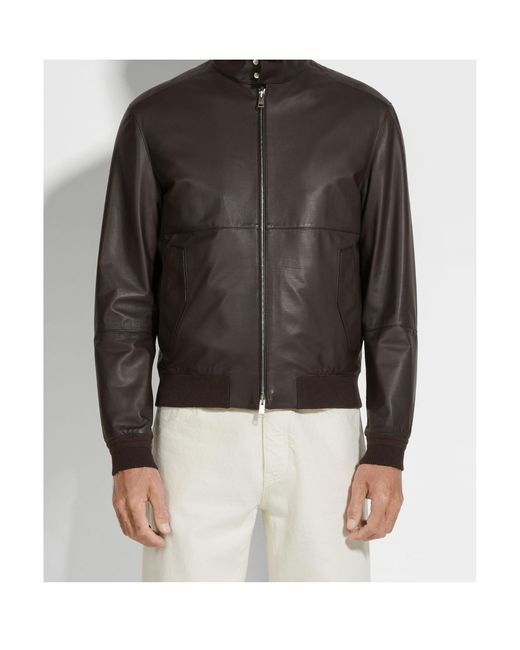 Zegna Black Zip-Up Leather Bomber Jacket for men