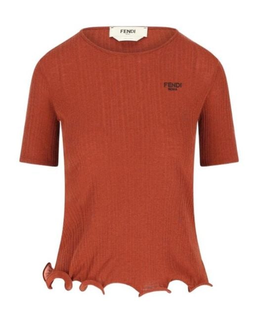 Fendi Orange Ribbed Knit Crew Neck Top With Wave Hem And Logo Embroidery