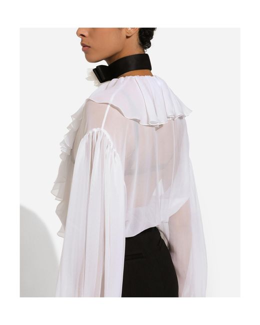 Dolce & Gabbana White Ruffle Detailed Chiffon Blouse