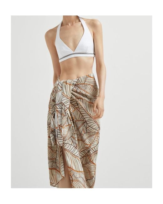 Brunello Cucinelli Metallic Leaf-Print Wrap Skirt