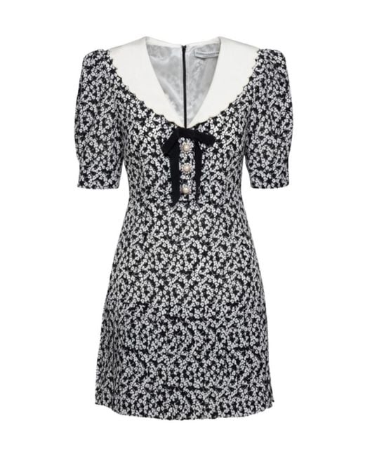 Alessandra Rich Black Floral Print Embroidered Collar Dress