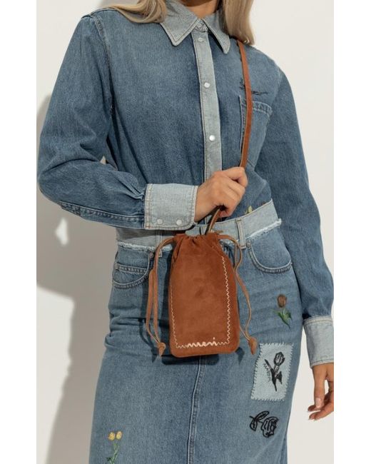 Marni Brown Logo Detailed Drawstring Phone Case