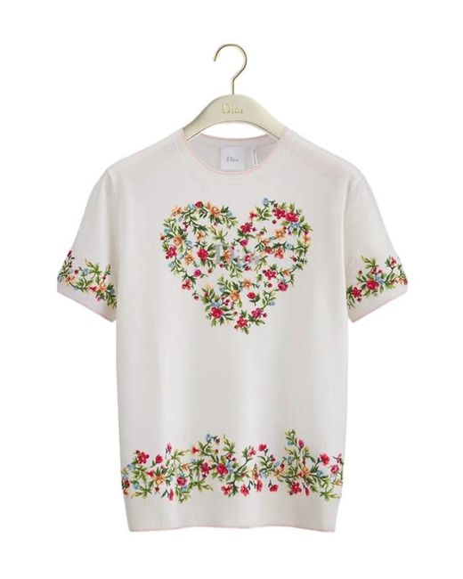 Dior White Amour Short-Sleeved Embroidered Sweater