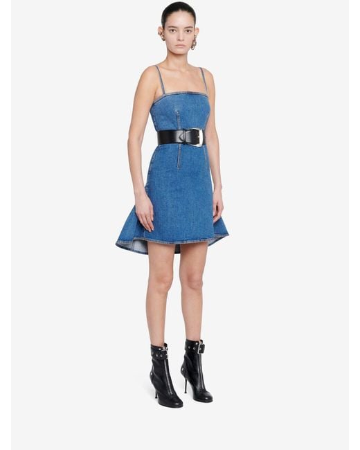 McQueen Blue Spaghetti Strap Denim Mini Dress