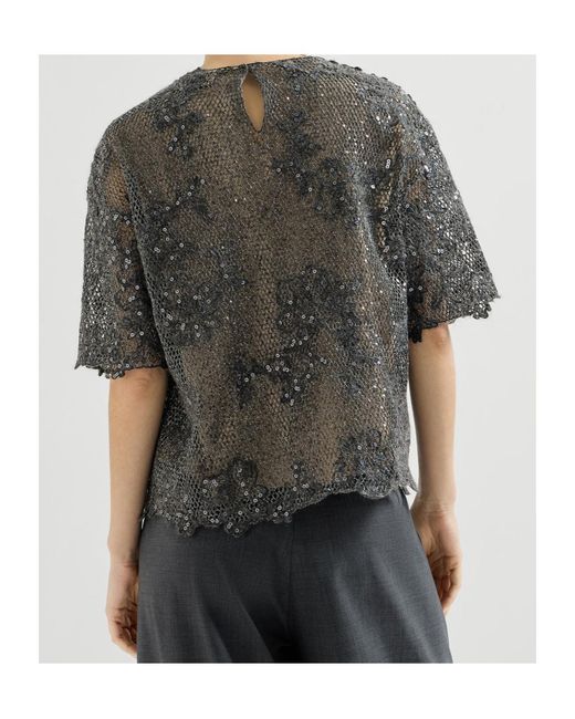 Brunello Cucinelli Gray Dazzling Lace-Embroidery T-Shirt