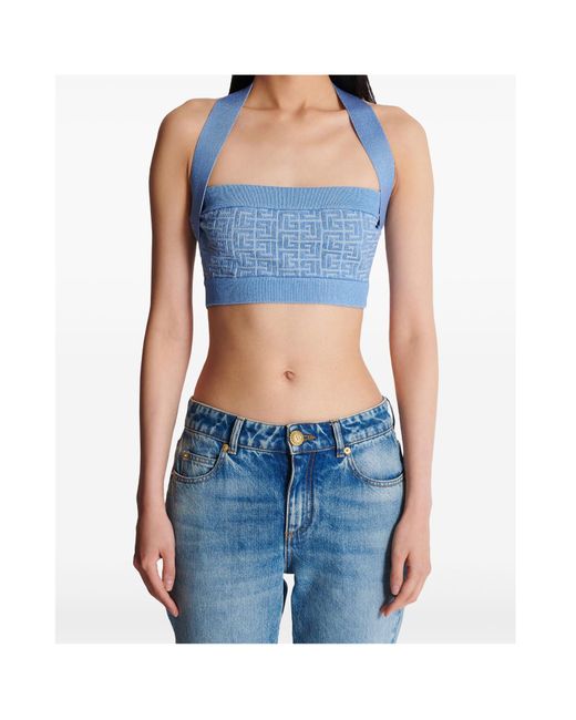 Balmain Blue Knit Halterneck Top With Pb Labyrinth Monogram