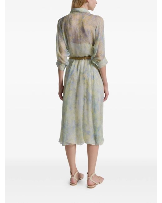 Alberta Ferretti White Chiffon Shirt Dress With Floral Print