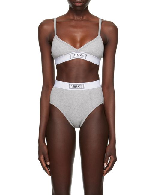 Versace Gray Logo-Patch V-Neck Bra