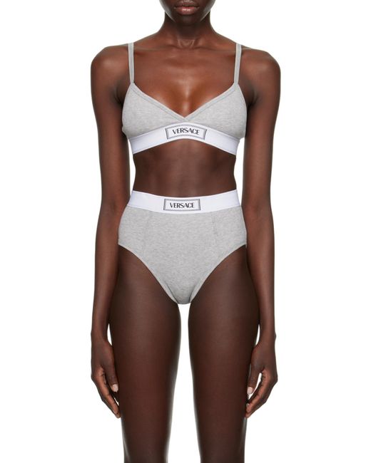 Versace Gray Logo-Patch V-Neck Bra
