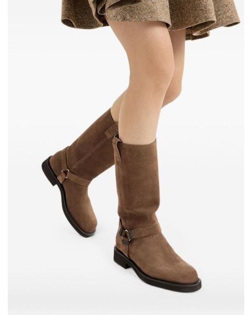 Brunello Cucinelli Brown Suede Biker Boots With Shiny Loops