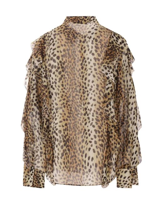 Blumarine Brown Leopard Printed Ruffled Georgette Shirt