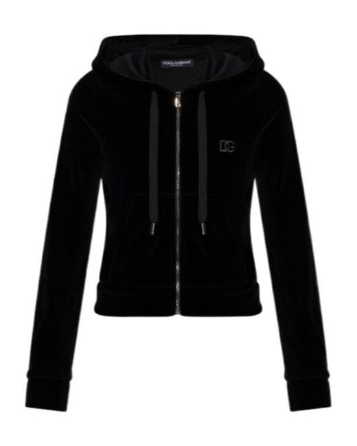 Dolce & Gabbana Black Logo Embroidered Velvet Hoodie