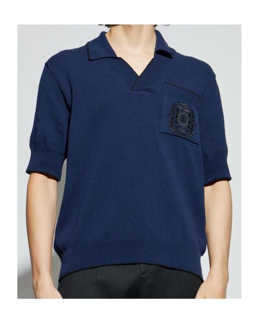 Balmain Blue Écusson Embroidered Knit Polo Shirt for men
