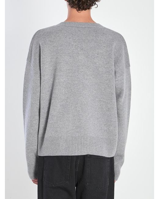 AMI Gray V-Neck Ribbed Sweater With Embroidered Logo for men