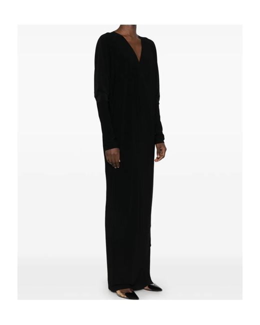 Norma Kamali Black Draped V-Neck Long Dress With Dolman Sleeves