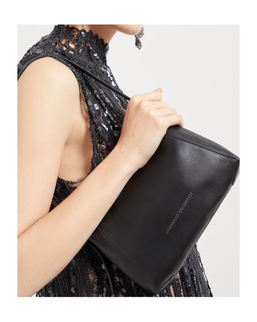Brunello Cucinelli Black Logo-Debossed Shoulder Bag