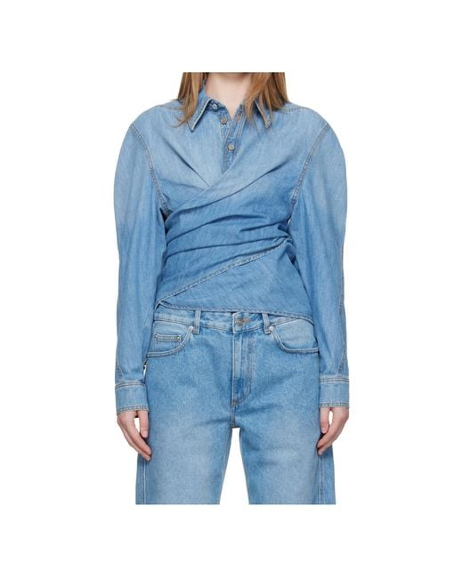 Mugler Blue Wrap-Effect Denim Shirt