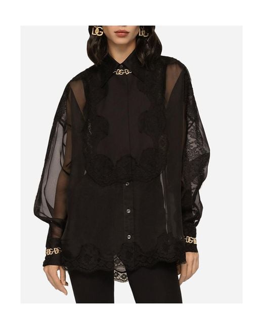 Dolce & Gabbana Black Floral Lace-Detailed Semi-Sheer Buttoned Shirt