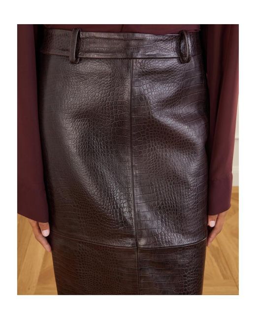 Frankie Shop Brown Taney Paneled Croc-Effect Leather Midi Skirt