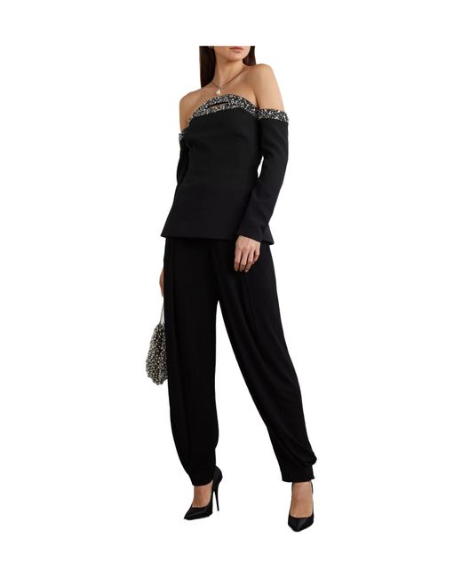 Safiyaa Black Roisin Off-The-Shoulder Cutout Embellished Crepe Top
