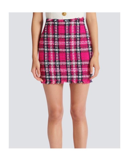 Balmain Pink Frayed Hem Tweed Mini Skirt