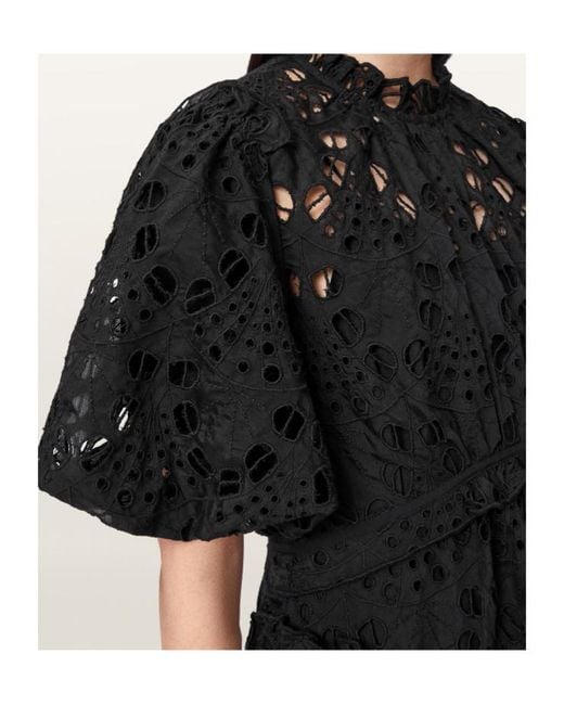 AllSaints Black Odette Broderie-Anglaise Puff-Sleeve Midi Dress