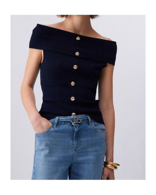 Liu Jo Blue Bardot-Neck Buttoned Top