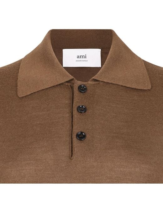 AMI Brown Short-Sleeve Knitted Polo Shirt