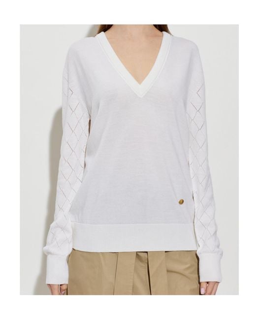 Balmain White Diamond-Sleeve V-Neck Knitted Sweater